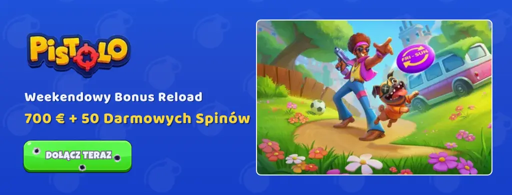 Weekendowy bonus reload w Pistolo - 700 € + 50 darmowych spinów. Oferta ważna od piątku do niedzieli.